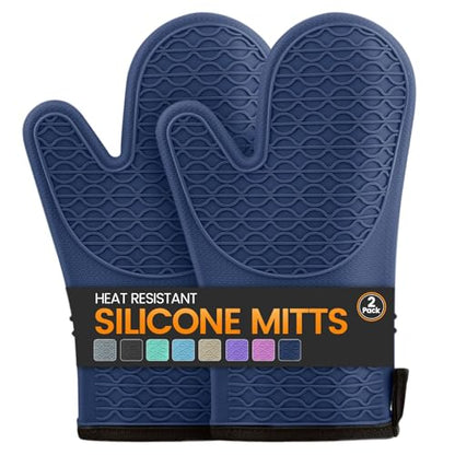 Silicone Oven Mitts, Heat Resistant 2PCS Oven Mitts with Soft Cotton Lining, Waterproof Non-Slip Grip Oven Glove, Kitchen Potholder Mits for BBQ, Baking, Cooking, 12.5 Inch - Dark Blue - color: Dark Blue