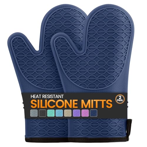 Silicone Oven Mitts, Heat Resistant 2PCS Oven Mitts with Soft Cotton Lining, Waterproof Non-Slip Grip Oven Glove, Kitchen Potholder Mits for BBQ, Baking, Cooking, 12.5 Inch - Dark Blue - color: Dark Blue