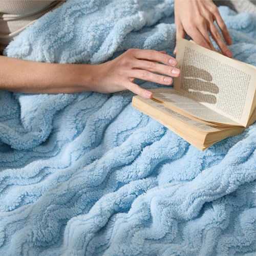 Bedsure Light Blue 3D Wave Fleece Throw Blanket for Couch - GentleSoft Spring Fluffy Blanket for Sofa Bed Room Decor, Super Cozy Fleece Throw for Women, Warm Cute All Season Gift, 50x60 Inches