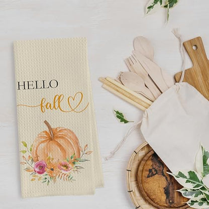 Fall Pumpkin Dish Towels Set - Fall Leaves Gifts Waffle Weave Kitchen Towels, Fall Pumpkin Gifts Hand Tea Towels, Autumn Bathroom Kitchen Decor (16×24 Inches Set of 2) - color: Fall-5
