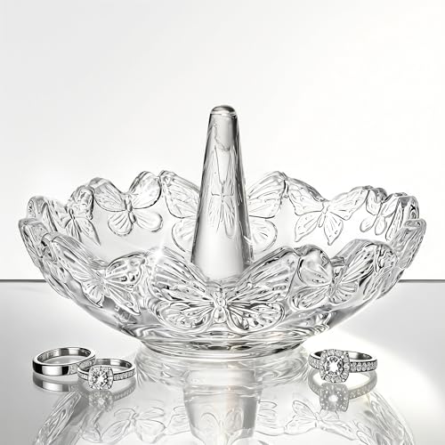 4" Crystal Ring Holder Dish, Glass Jewelry Tray, Decorative Trinket Tray | Vanity Jewelry Organizer for Rings Earrings Keys, Packaged Gift Box for Birthday Wedding Mother's Day Women Gifts - color: Clear,butterfly