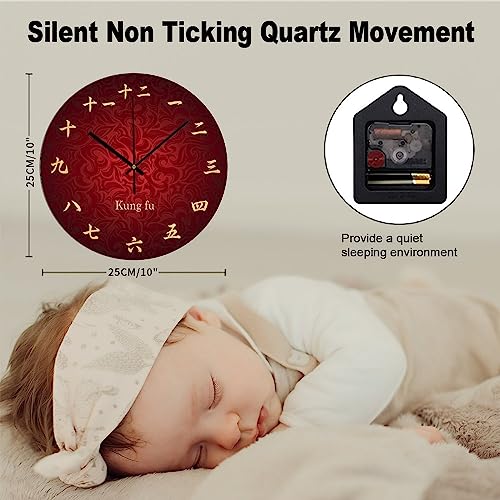 Chinese Calligraphy Kong Fu Wall Clock 10x10 Inch Bedroom PVC Wall Clock Silent Non-Ticking Battery Operated Rustic Wall Hanging PVC Wall Clocks for Farmhouse Office Classroom - color: Style-7, size: 10x10in（black）