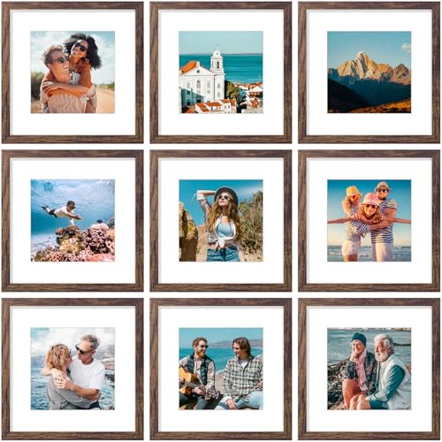 Vittanly 12x12 Picture Frames Set of 9, Shatter Resistant Plexiglass, Display 8x8 Pictures with Mat or 12x12 without Mat, Photo Frames for Wall Mount, Engineered Wood, Brown | Display Pictures 8x8 with Mat or 12x12 without Mat for Wall Mounting, Square Ph