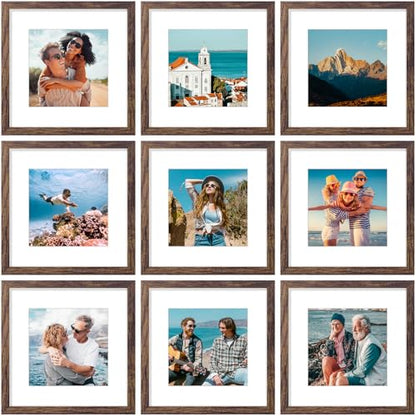 Vittanly 12x12 Picture Frames Set of 9, Shatter Resistant Plexiglass, Display 8x8 Pictures with Mat or 12x12 without Mat, Photo Frames for Wall Mount, Engineered Wood, Brown | Display Pictures 8x8 with Mat or 12x12 without Mat for Wall Mounting, Square Ph