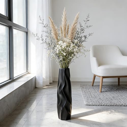Black Tall Ceramic Floor Vase, 15.7 Inch, Pleated Wave Design | Matte Finish, Narrow Corners, Entryway, Bedroom, Compact Spaces - size: 15.7 Inch