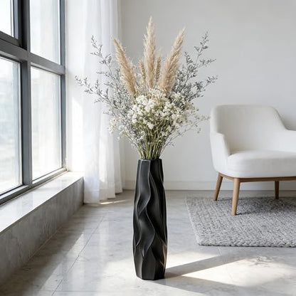 Black Tall Ceramic Floor Vase, 15.7 Inch, Pleated Wave Design | Matte Finish, Narrow Corners, Entryway, Bedroom, Compact Spaces - size: 15.7 Inch