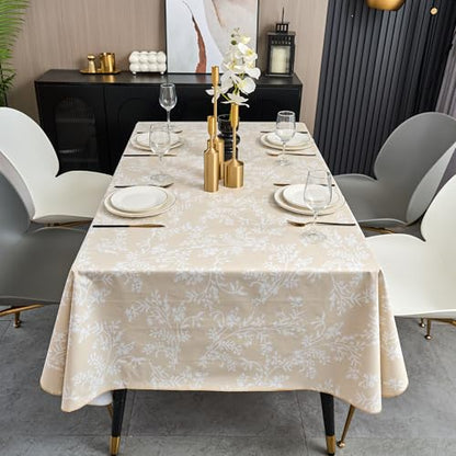 Pioggia Vinyl Tablecloth with Flannel Backing - Waterproof, Oil-Proof, Easy to Clean -Plastic Table Cloth - Perfect for Dining Tables, Kitchen Tables, Parties (Beige Leaves, 54×54 Inch Square) - color: Beige Leaves, size: 54" x 54" (Square)