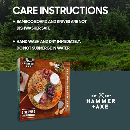 Hammer + Axe Charcuterie Board Set, Round Lazy Susan Bamboo Tray with 3 Cheese Cutter Accessories, Wooden Meat & Cheese Board, Housewarming Gift