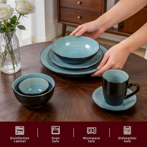 Stoneware Sonoma 56pc Dinnerware Set, Black + Speckled Spin Wash Turquoise - color: Turquoise