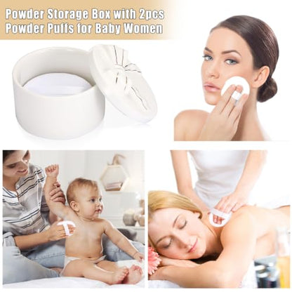 ELLDOO Body Powder Puff and Container, Wedding Bridal Shower Gifts(White) | Ceramic Loose Dusting Powder Storage Box with 2pcs Powder Puffs for Baby Women, Jewelry Trinket Box with Bow Lid - color: White