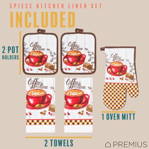5 Piece Coffee Time Printed Kitchen Linen Set, 2 Cotton Towels, 2 Potholders, 1 Oven Mitt with Hanging Loop, 100% Cotton Material on Front & Polyester Backing, Perfect Kitchen Accessory - color: Coffee Time