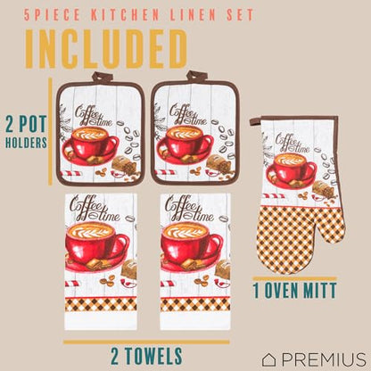 5 Piece Coffee Time Printed Kitchen Linen Set, 2 Cotton Towels, 2 Potholders, 1 Oven Mitt with Hanging Loop, 100% Cotton Material on Front & Polyester Backing, Perfect Kitchen Accessory - color: Coffee Time