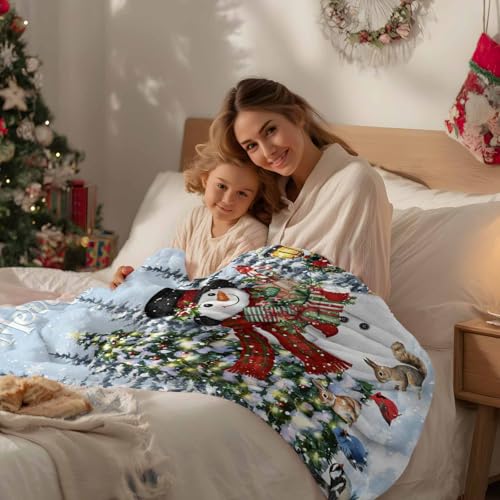 Merry Christmas Throw Blanket, Snowman Xmas Tree Super Soft Warm Flannel Blankets for Bed Couch Sofa Winter Snowflake Deer Animal Lightweight Fluffy Plush Bed Throws 50x60 Inch - color: Blue Red Green, size: 50''x60''