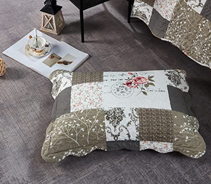 Brilliant Sunshine Pink Roses & Grey Toile Pillowshams Set, 20"x26"+2" | Patchwork Design, Quilted Standard Pillowcases, Washable Scallop Edge Pillow Covers, Pack of 2 - color: Rose Grey, size: 20 x 26 inches