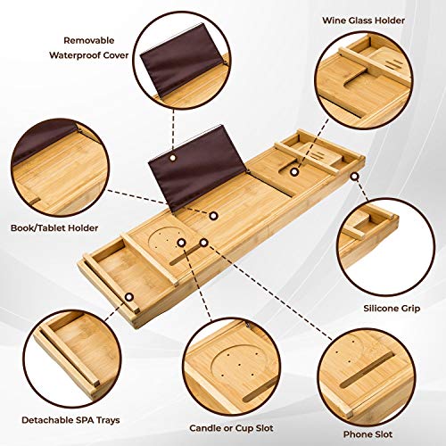 Premium Bamboo Bathtub Tray Caddy for Tub - Expandable Foldable Bath Tray - Unique House Warming Gifts, New Home, Anniversary & Wedding Gifts for Couple, Bath Table Bridal Shower Gift