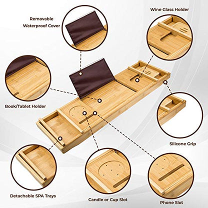 Premium Bamboo Bathtub Tray Caddy for Tub - Expandable Foldable Bath Tray - Unique House Warming Gifts, New Home, Anniversary & Wedding Gifts for Couple, Bath Table Bridal Shower Gift