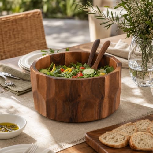 Arthur Court Large Diamond Pattern Acacia Wood Salad Serving Bowl - Modern Centerpiece for Fruits or Salads - 12" Diameter 6" Tall - size: Diamond