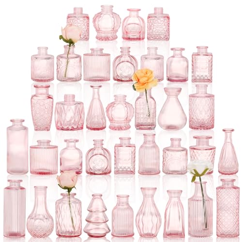 36pcs Pink Glass Bud Vase Set, Small Flower Vases for Centerpieces in Bulk | Mini Vintage Glass Vase for Centerpieces, Decorative Flower Vases for Wedding Home Table Decor - color: Pink, size: 36pcs