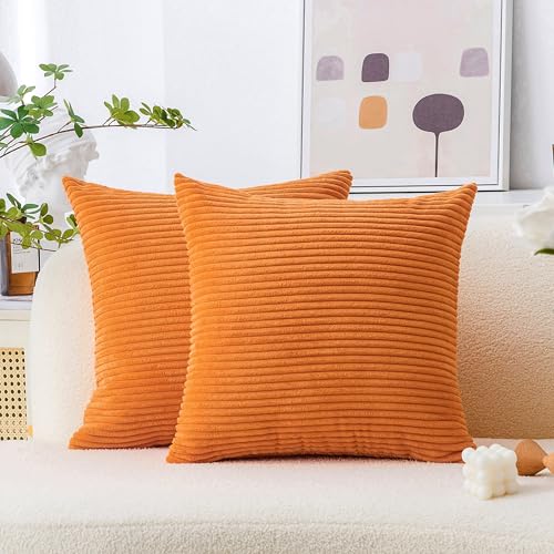 Home Brilliant Decorative Accent Burnt Orange Pillow Covers Summer Decoration Set of 2 Striped Corduroy Plush Velvet Cushion Cover for Couch Rust, 40cm, 16 x 16 Inch, Orange - color: Burnt Orange, size: 16" x 16" (Pack of 2)