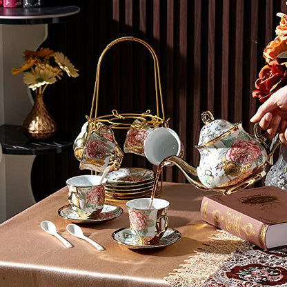Zhehao 20 Pcs Porcelain Tea Set with Metal Holder and Spoon Adult Ceramic Tea Set European Flower Painting Teapot Cup Saucer Spoon for Women Mom Gift, Large Version (Bright Style) - color: Bright Style