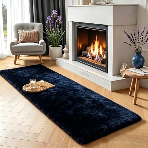 Navy Blue Runner Rug 2x6 Fluffy Dark Blue Bedside Rugs for Hallway Boy Room | Super Soft Hallway Rugs Modern Plush Carpets for Living Room Kids Boys Girls Teen Dorm Nursery Room Decor Aesthetic Non-Slip - color: Dark Navy, size: 2' x 6' (Runner)