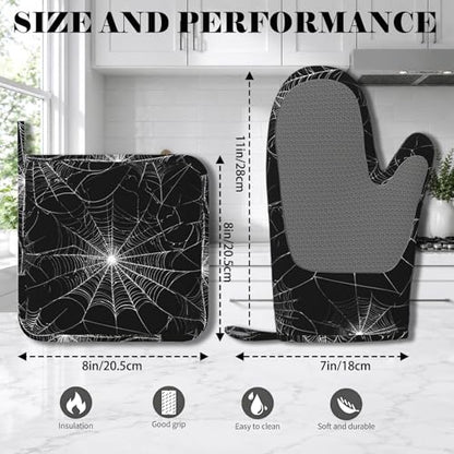 Spider Web Oven Mitts and Pot Holders Sets Silicone Kitchen Mitts Potholders Heat Resistant Oven Gloves Hot Pads for Kitchen Baking Cooking - color: Spider Web