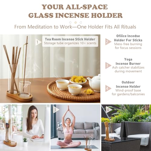 2 in 1 Glass Incense Holder and Burner with Ash Catcher and Stick Storage,Anti-Ash Flying, Mess-Free for Meditation Yoga Spa Gift Home Decor