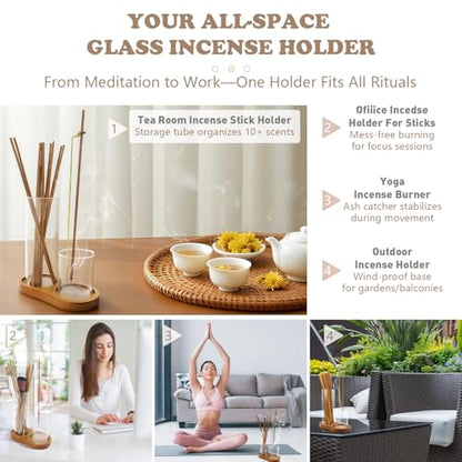 2 in 1 Glass Incense Holder and Burner with Ash Catcher and Stick Storage,Anti-Ash Flying, Mess-Free for Meditation Yoga Spa Gift Home Decor