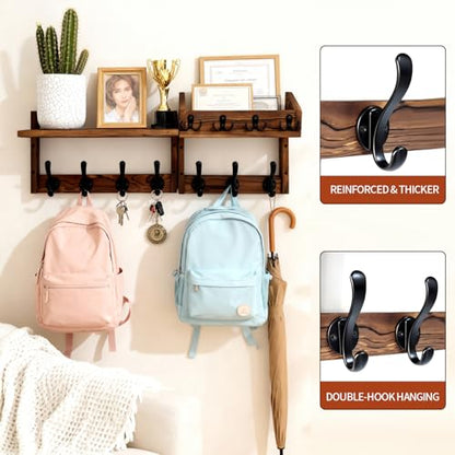 27" Wooden Wall Mounted Coat Rack with Shelf- 4-in-1 Entryway Organizer with 11 Hooks (7 Coat Hooks + 4 Key Hooks), Mail Holder & Display Shelf for Living Room, Bedroom (NOT Come Assembled)