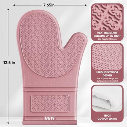 Silicone Oven Mitts, Heat Resistant Oven Gloves with Quilted Liner, Waterproof & Non-Slip Kitchen Mittens for Baking Cooking BBQ, 500°F, 12.5"-Rose Pink - color: Rose Pink