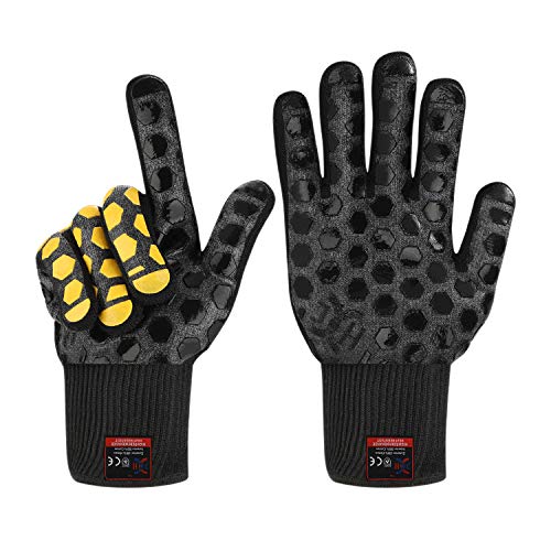 J H Heat Resistant Oven Glove:EN407 Certified 932 °F, 2 Layers Silicone Coating, Oven Mitts for Cooking, Kitchen, Fireplace,Camping, Grilling (Black/Yellow, Regular Cuff) - color: Black/Yellow, size: Regular Cuff