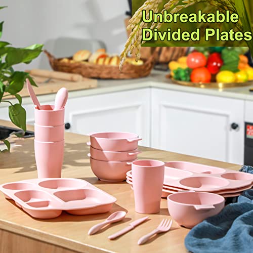 Honoson 24 Pcs Wheat Straw Dinnerware Cutlery Set, Service for 4, Unbreakable Plates and Bowls Set - Divided Plates, Bowls, Spoons, Forks & Knives, Microwave & Dishwasher Safe(Pink) - color: Pink