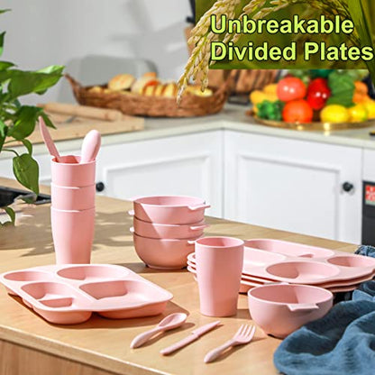 Honoson 24 Pcs Wheat Straw Dinnerware Cutlery Set, Service for 4, Unbreakable Plates and Bowls Set - Divided Plates, Bowls, Spoons, Forks & Knives, Microwave & Dishwasher Safe(Pink) - color: Pink