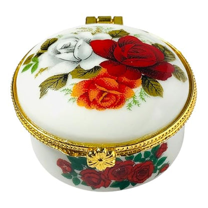 Tiny Round Porcelain Trinket Box | Rose Bouquet | French Style Gift Box with Velvet Bag - style: Rose Bouquet Round