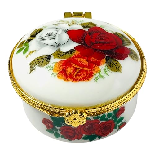Tiny Round Porcelain Trinket Box | Rose Bouquet | French Style Gift Box with Velvet Bag - style: Rose Bouquet Round