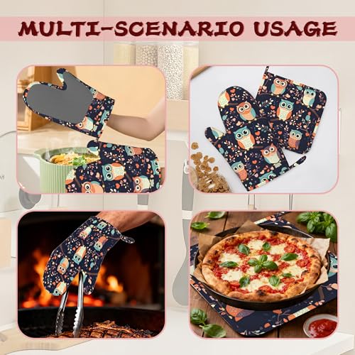 Cute Owl Heat-Resistant Silicone Oven Mitts and Pot Holders 4 Piece Set,Extra Long Non-Slip Kitchen Oven Gloves for Cooking, Baking, BBQ,Grilling - color: Cute Owl