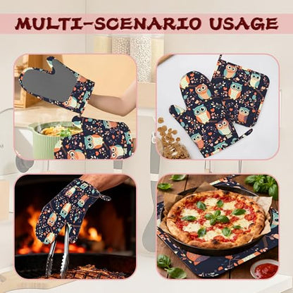 Cute Owl Heat-Resistant Silicone Oven Mitts and Pot Holders 4 Piece Set,Extra Long Non-Slip Kitchen Oven Gloves for Cooking, Baking, BBQ,Grilling - color: Cute Owl