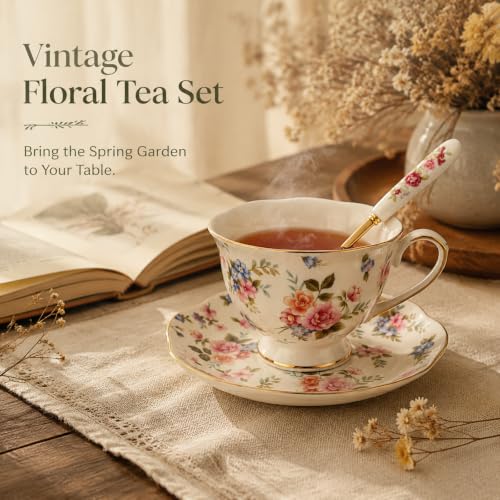 Noviko 6 oz Floral Ceramic Teacup and Saucer Set with Spoon | Set of 1, Afternoon Tea Party Gift for Women, Mom, Bridal Shower, Wedding - color: Multicolor