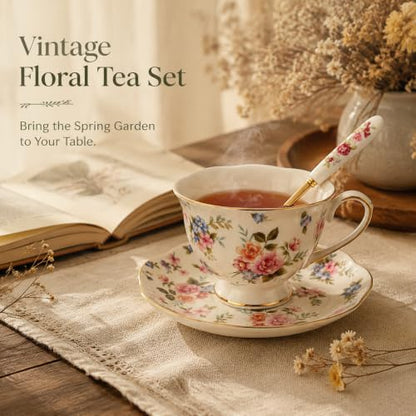 Noviko 6 oz Floral Ceramic Teacup and Saucer Set with Spoon | Set of 1, Afternoon Tea Party Gift for Women, Mom, Bridal Shower, Wedding - color: Multicolor