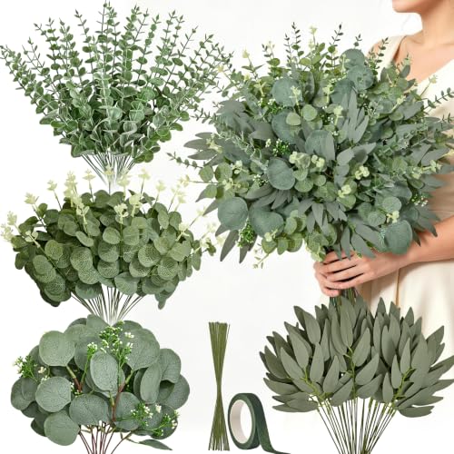 Serwalin 100PCS Artificial Eucalyptus Stems Bulk, Mixed Greenery Stems | 4Kinds Faux Eucalyptus Stems Bulk with 20PCS Floral Wire & Tape, Realistic Greenery for Centerpieces, Bouquets & DIY Decor - color: Attractive Forest Green-100pcs With 20pcs Floral W