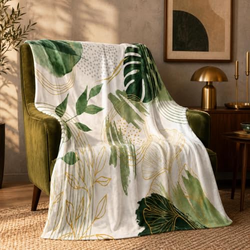Sage Green Leaf Twin Blanket, 60x80 in | Mid-Century Green and Gold Boho, Flannel, Decorative Patterned, Super Soft Cozy - color: Green, size: 60"Wx80"L
