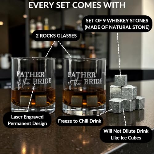 Father of the Bride Whiskey Glass Gift Set, 2 Engraved Rocks Glasses with Whiskey Stones, Wedding Gift (12 Ounce) - size: 12 Ounces