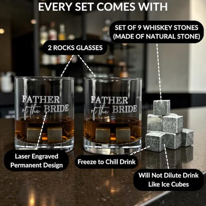 Father of the Bride Whiskey Glass Gift Set, 2 Engraved Rocks Glasses with Whiskey Stones, Wedding Gift (12 Ounce) - size: 12 Ounces