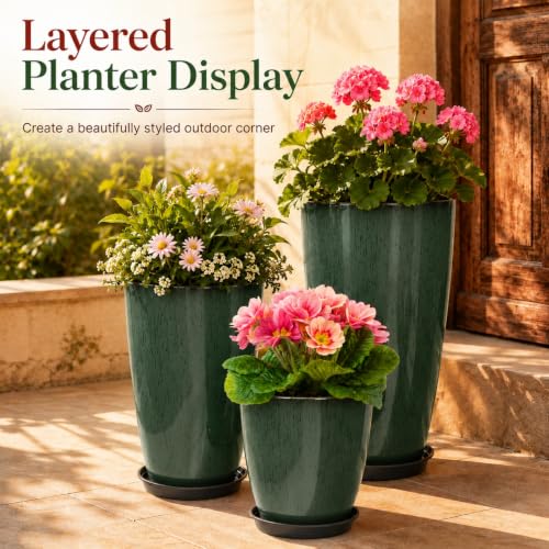 Neoaider Set of 3 Tall Planter, 24/21/12in Large Plastic Planter, DarkGreen | Ceramic-Look, Lightweight, Built-in Drain Hole, Saucers, Tall Outdoor Planter for Porch, Garden, Patio, Balcony - color: Dark Green