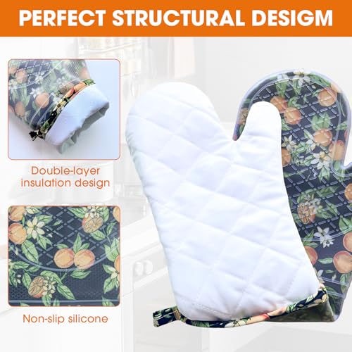 Silicone Oven Mitts Set Heat Resistant 2PCS Kitchen Mittens with Soft Cotton Lining Long Waterproof Non-Slip Oven Gloves for Cooking, BBQ, Baking-Orange - color: Orange
