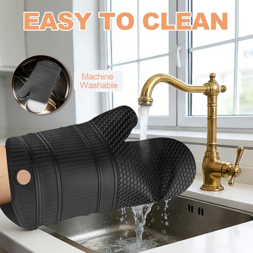 YUTAT Silicone Oven Mitts,Heat Resistant 500F Kitchen Mitts 2PCS,Perfect for BBQ, Baking and Cooking,Black - color: Black-honeycomb Surface, size: 13“L x 7"W-2 Piece