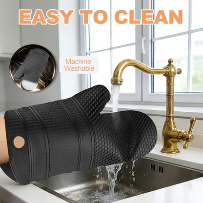 YUTAT Silicone Oven Mitts,Heat Resistant 500F Kitchen Mitts 2PCS,Perfect for BBQ, Baking and Cooking,Black - color: Black-honeycomb Surface, size: 13“L x 7"W-2 Piece
