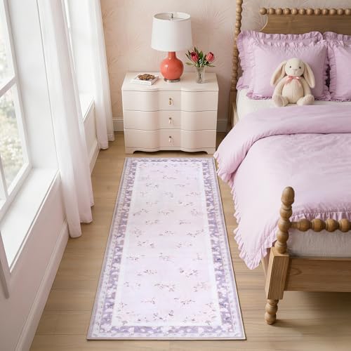 LIVEBOX Washable Lavender Bathroom Rugs Runner 2x6, Floral Hallway Rug Runner Long Entryway Rug, Low-Pile Rugs for Girls Bedroom, Non-Slip Soft Throw Carpet Runners for Laundry Room, Purple - color: Purple, size: 2' x 6' (Runner)