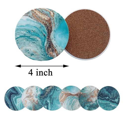 Blue Marble Ceramic Coasters with Holder Absorbent Drink Coaster Set Outdoor Round Abstract Cute Table Decorative Coffee Cup Beverage Fun Wine Beer Bar Gold Housewarming 6 Pack - style: blue gold