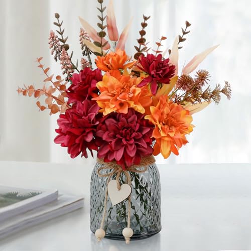 Fake Fall Flowers in Vase,Faux Flowers in Vase,Fall Floral Arrangement,Fall Centerpieces for Tables,Artificial Flowers,Kitchen Decor,Coffee Table Decor - color: Orange and Red